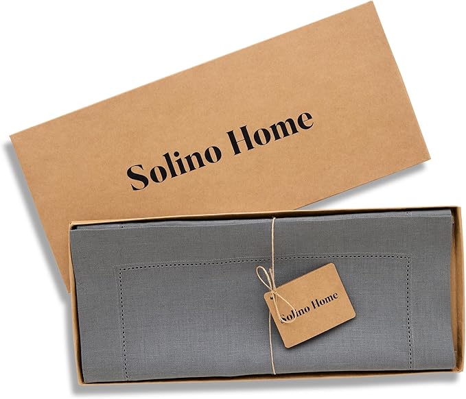 Solino Home Linen Steel Gray Table Runner 108 Inches Long - 100% Pure Linen Hemstitch 14 x 108 Inch Table Runner for Dining, Spring - Classic Hemstitch