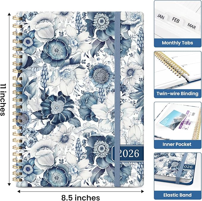 2026 Planner, Monthly and Weekly Calendar Planner for Women, Jan 2026 - Dec 2026, Hardcover Pretty 2026 Agenda Planner Book with Tabs, Spiral Bound, Perfect for School Office Home Supplies, 8.5" x 11" - Blue Floral