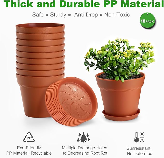 10 Pack Plastic Plant Pots with Drainage Holes and Tray, 6 inch Thickened Indoor Planters Seedlings Nursery Pots for Flowers, African Violet, Succulent and All House Plants, Terracotta