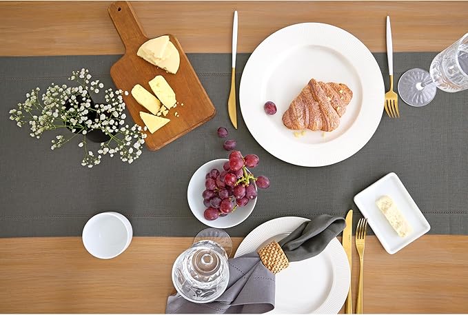 Solino Home Linen Steel Gray Table Runner 90 Inches Long - 100% Pure Linen Hemstitch 14 x 90 Inch Table Runner for Dining, Spring - Classic Hemstitch