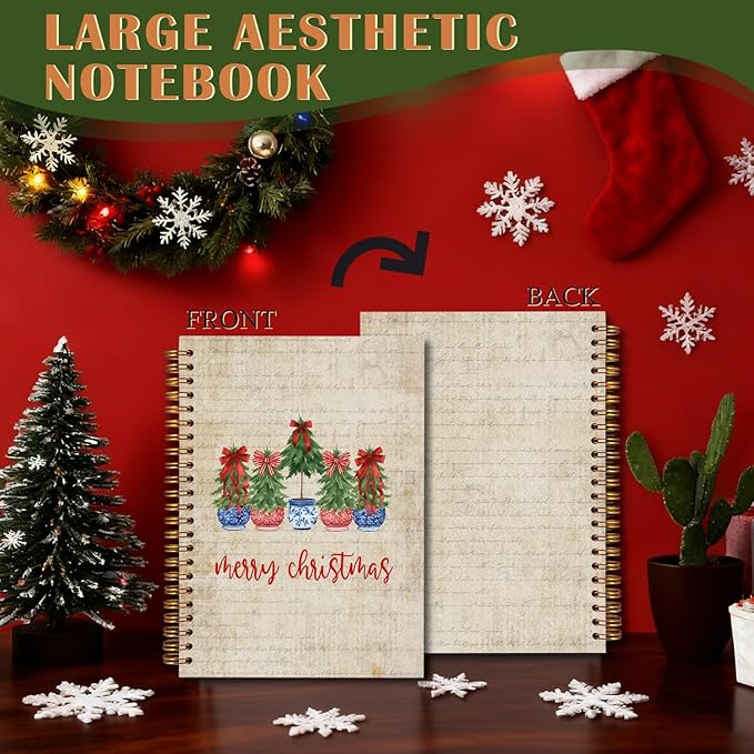 Exqcom Red and Blue Chinoiserie Christmas Tree Spiral Notebook Gifts, Grandmillennial Christmas Retro Journal for Women, Preppy Red Bow Hardcover Notebook Journal Office School Supplies, 5.5x8.3 Inch