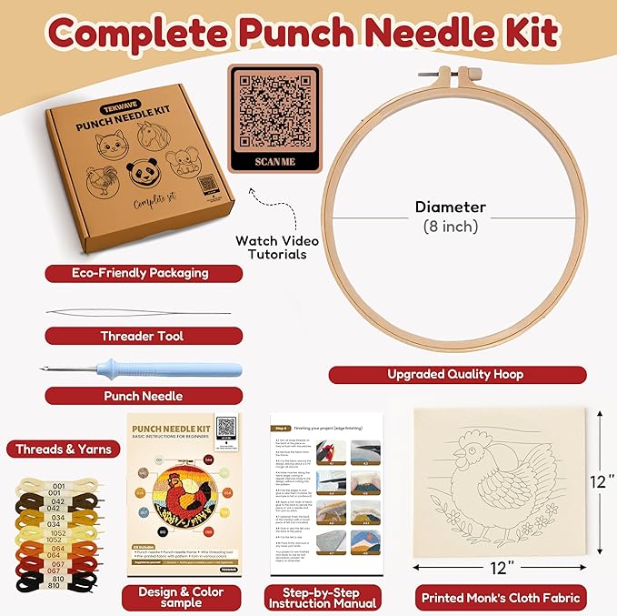 TEKWAVE Punch Needle Kit for Adults Beginners Rooster Sunrise Design, Step-by-Step Video Pre-Printed Pattern and Written Instructions, DIY Embroidery Set with Yarn, Fabric, Hoop for Home Decor Crafts