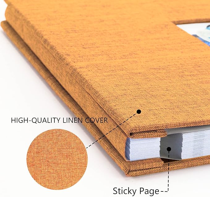 Photo Album Self Adhesive Pages for 4x6 5x7 8x10 Pictures Magnetic Scrapbook Photo Albums with Sticky Pages Books with A Metallic Pen for Baby Wedding Family 13.2x12.8 Orange 60 Pages