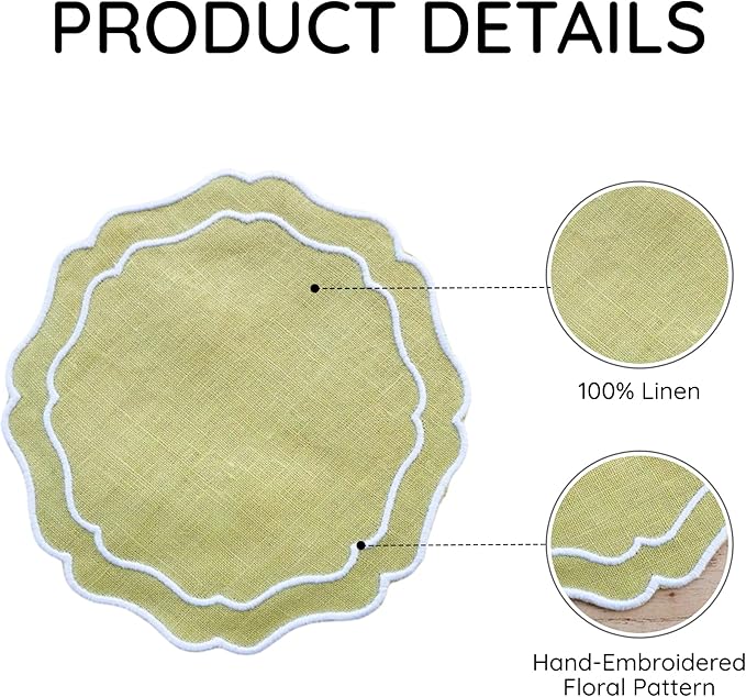 Drink Coasters Set of 6, 6x6 inch, Absorbent Linen Drink Mats with Scalloped Edge, Reusable Handmade Coffee Coasters for Home Decor & Tabletop Protection & Gift Giving (Oliver)