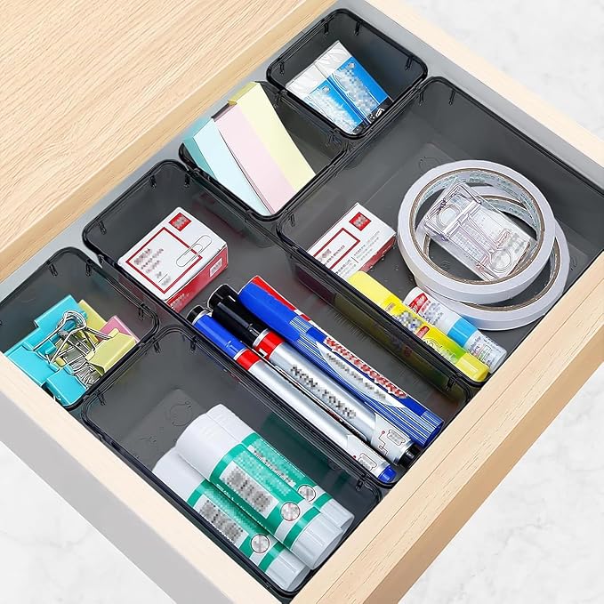 13 PCS Drawer Organizer Set, 5 Varied Size Bathroom and kitchen Drawer cabinet organizer Trays, Clear Storage Bins for Makeup, Jewelry, Utensils and Gadgets, Black