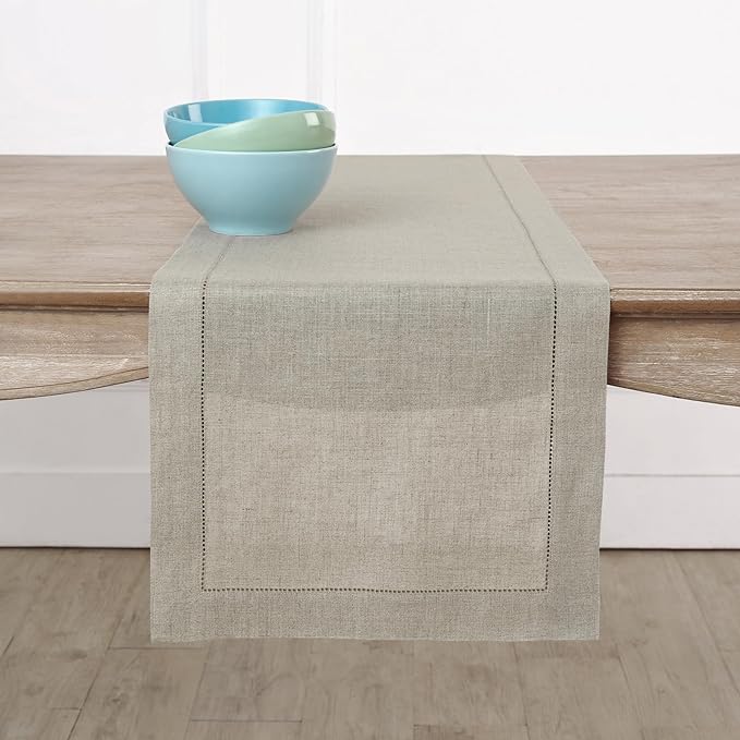 Solino Home Linen Natural Table Runner 156 Inches Long - 100% Pure Linen Extra Long Table Runner 14 x 156 Inch for Spring, Easter - Classic Hemstitch