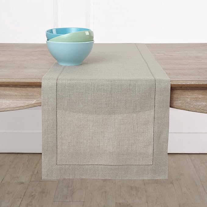 Solino Home Linen Table Runner 120 Inches Long - Classic Hemstitch 100% Pure Linen Natural Dining Table Runner 16 x 120 Inch for Spring, Easter