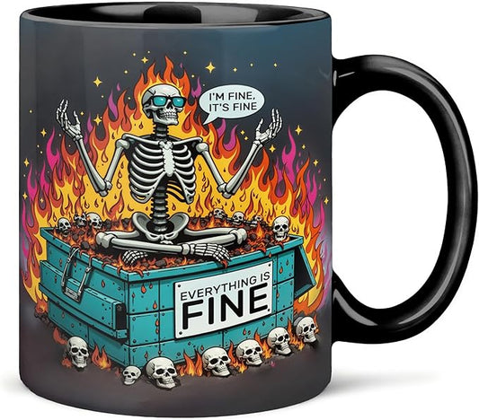 Funny Gothic Skeleton Mug 11 oz, Inspirational Gifts for Coworkers Coffee Cups Ceramic, Everything is Fine Motivational Ceramic Mug for Coffee Tea Hot Cocoa Home Office Work