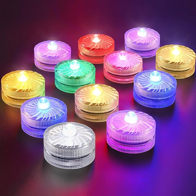 HL Submersible LED Light,RGB Small LED Light,100 Hours Waterproof Flameless Led Lights Battery Powered for Wedding Home Vase Festival Party Decoration 12pcs(Built-in 24 Batteries)