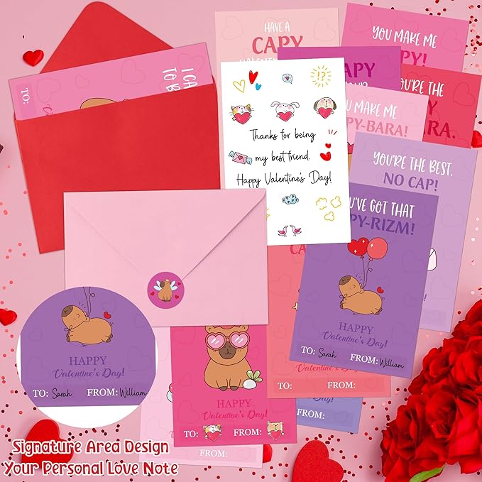 TICIAGA 144pcs Valentine's Day Capybara Greeting Card with Envelop and Stickers for Kids, Fun Animal Notecard Gift Cards for Boys and Girls School Classroom Exchange, Valentines Capybara Party Favors