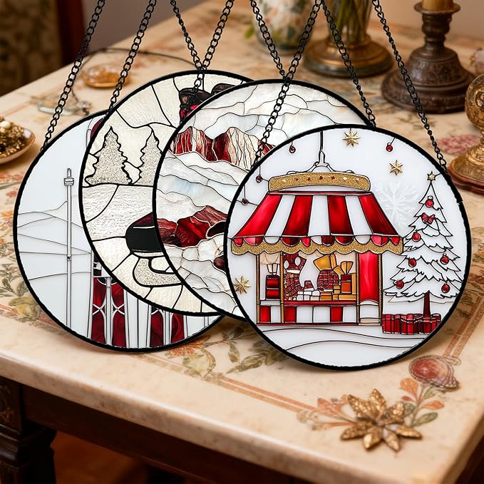 Stained Glass Window Hanging 4 Pcs Set Winter Skiing Red Christmas House 7.8" - Suncatcher Door Garden Sun Catcher Decor Birthday Mother's Day for Mom Woman Nana Friend