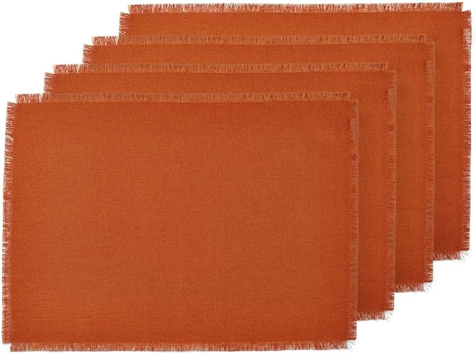 Solino Home Fringe Linen Placemats Set of 4-14 x 19 Inch Placemats Cinnamon - 100% Pure Linen Table Mats - Handcrafted and Machine Washable