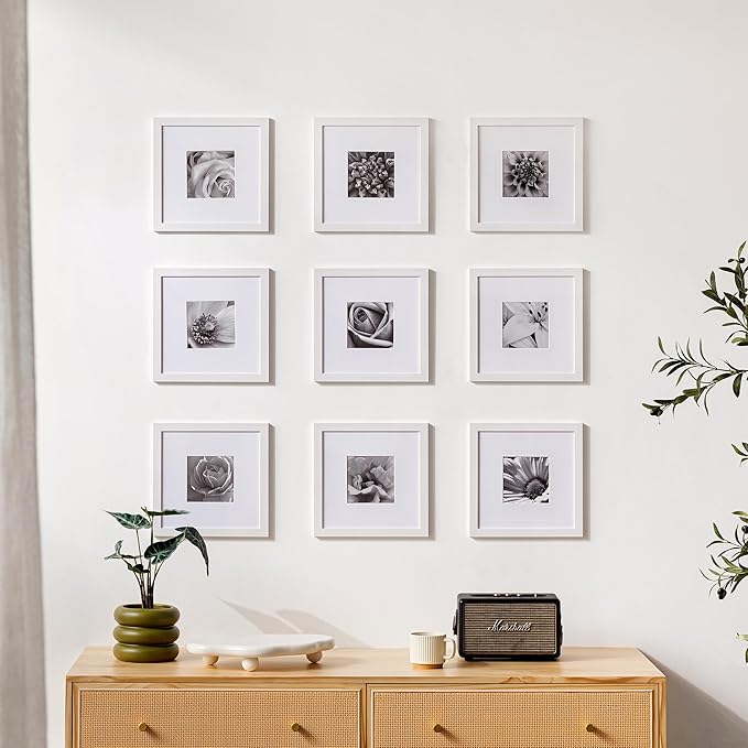 eletecpro 10x10 Picture Frames Set of 9 with Mat for 5x5 Photos or without Mat for 10x10, Square Gallery Wall Decor Collage for Picture Display, White Frame Set for Wall Hanging