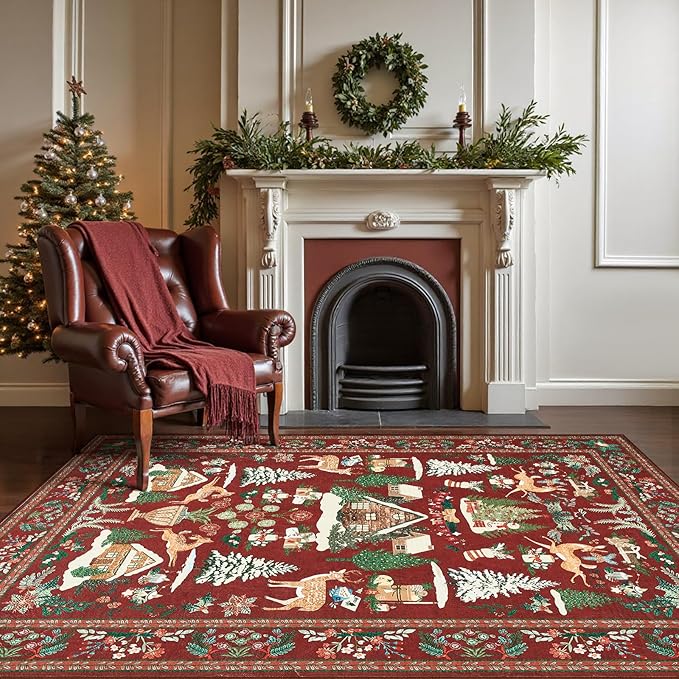 jinchan Christmas Rug 5x7 for Living Room Bedroom Maroon Holiday Decorative Rug for Dining Room Foyer Christmas Tree and Cabin Printed Xmas Decor Washable Non Slip Floor Carpet