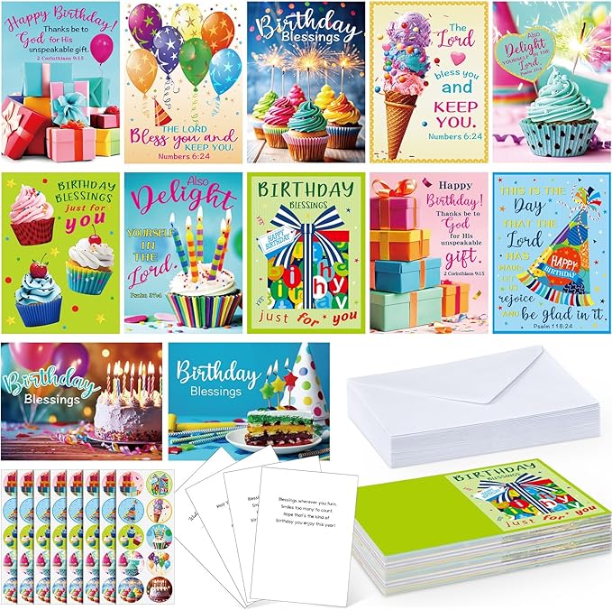 48 Pack Religious Christian Birthday Cards Bulk with Scripture Assorted Bible Verse 4.5 x 6.2 Inch Christian Blessings Birthday Greeting Cards with Envelopes and Stickers (Bright Style)