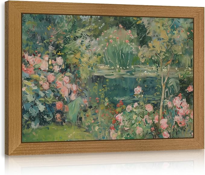 CAZLOUC Vintage Floral Wall Art, Rose Garden Pond Still Life Wall Decor, Retro Romantic Flower Poster Print, Impressionist Botanical Landscape Painting for Bedroom Office Wood Framed 8x10 Inch