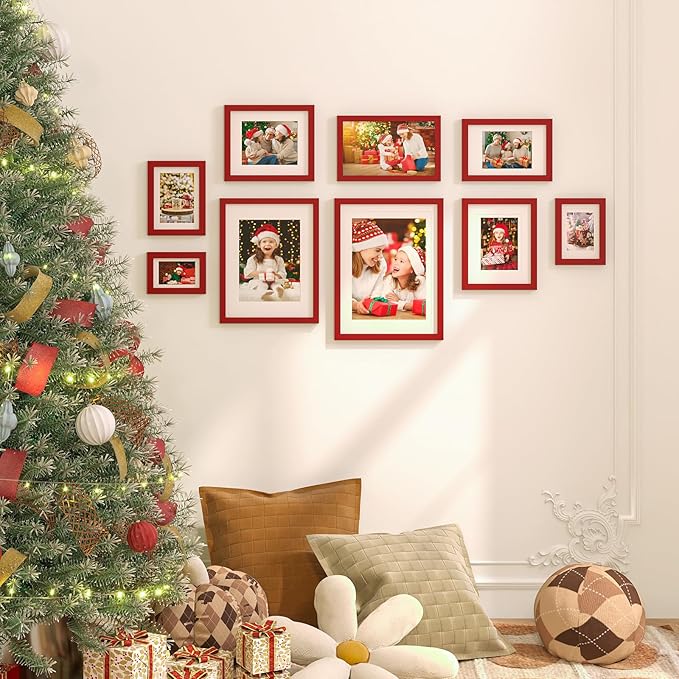 KINLINK 8x12 Picture Frames Red, Solid Wood Frames with Acrylic Plexiglass for 6x8 with Mat or 8x12 without Mat, Tabletop and Wall Display Photo Frame, 4 Pack