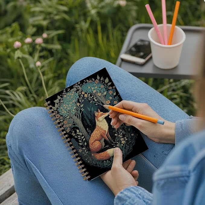 Vintage Moody Fox Notebook, Dark Cottagecore Flower Aesthetic Journal, Fox Gifts for Women men, Animal Lover Gifts, Mystical Forest Foxes Animal Spiral Journal Notebook, 5.5x8.3 Inch