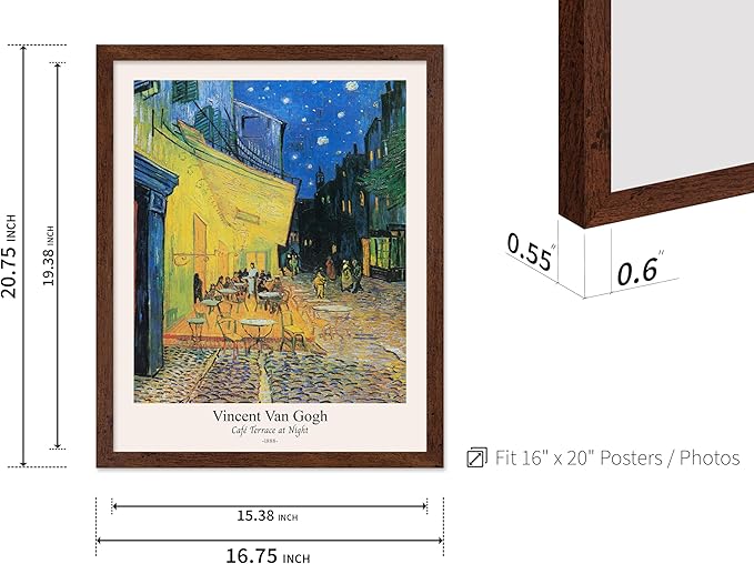 Monem Art Vintage Van Gogh Poster - Retro Cafe Terrace at Night Print - Impressionism Art - Fine Art - Classic Painting Art - Aesthetic Living Room or Bedroom Wall Decor - 16x20 Brown Framed