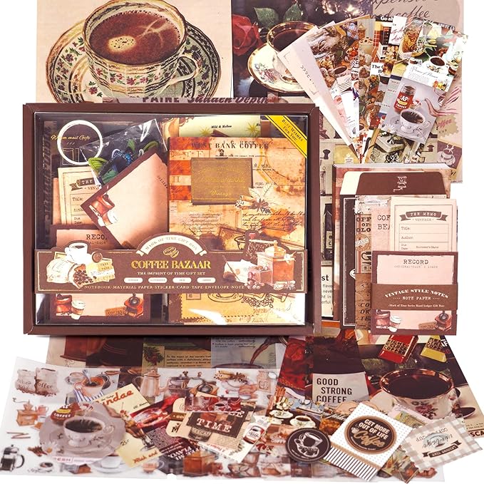 Funto Scrapbooking Kit(123 PCS), Vintage Collection-Coffee Bazaar, Perfect for Bullet Scrapbooking Materials, Planner DIY Arts Craft Collage