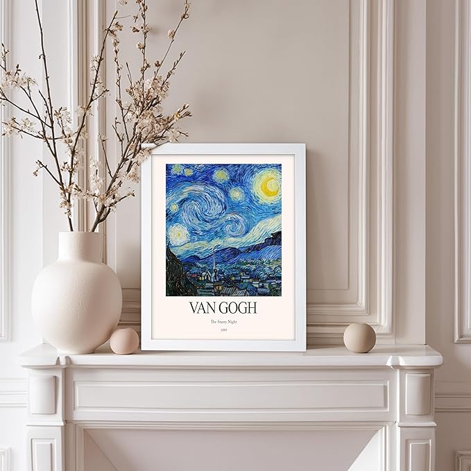 Monem Art Vintage Van Gogh Poster - Retro Impressionist Print - The Starry Night, Moon, Stars, Abstract - Gift for Artist, Friend - Wall Decor for Home, Office, 11x14 White Framed