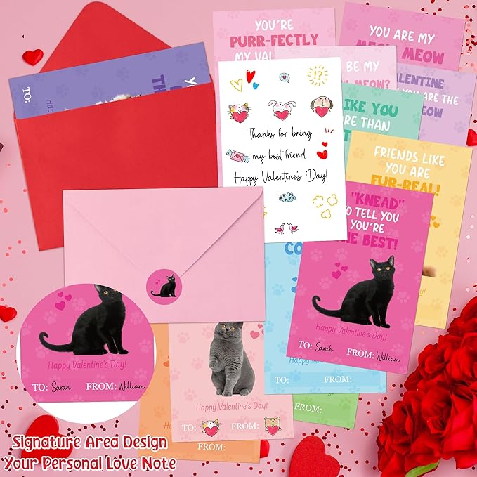 TICIAGA 144pcs Valentine's Day Cat Animal Greeting Card with Envelop and Stickers for Kids, Cute Kitten Catling Pet Notecard Exchange Gift for Boys and Girls School Classroom, Valentines Party Favors