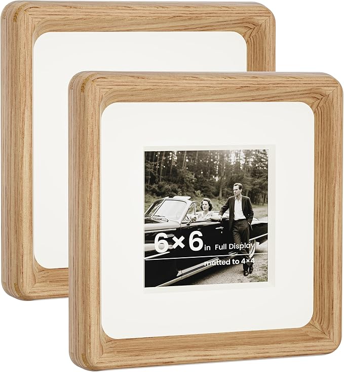 HELPLEX 6x6 Matted to 4x4 Square Picture Frame Set of 2 - Natural Oak Wood with HD Tempered Glass, Convertible Design for Wall or Tabletop Display - Art Gallery & Luxury Home Office Decor