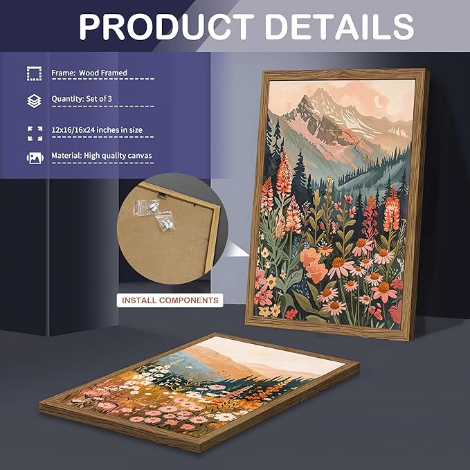 Boho Colorful Landscape Wall Art Set of 3, Vintage Wildflower Mountain Canvas Wall Decor Paintings, Rustic Nature Floral Pictures Prints for Living Room Bedroom 16x24 Inch Wood Framed