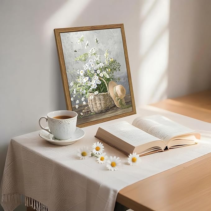Framed Rustic Daisy Canvas Wall Art, Vintage Farmhouse Floral Pictures Wall Decor, Country Flower Botanical Paintings Prints Aesthetic Home Decor for Living Room Bathroom Bedroom 16X24 inch