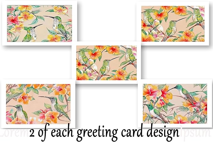 Watercolor Hummingbird Greeting Cards, 5x7 Blank Note Cards with Envelopes, Set of 10, Floral All Occasion Cards