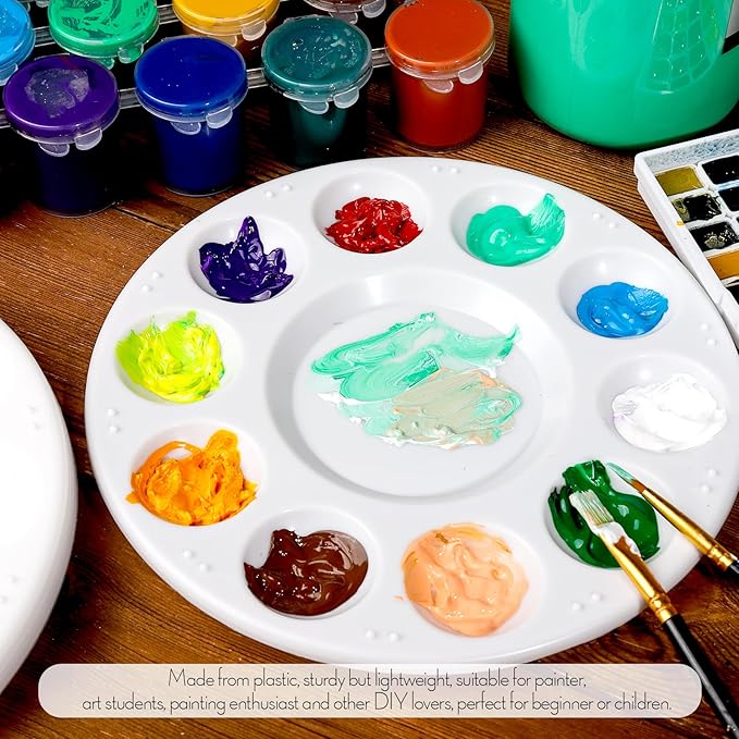 FANDAMEI White Round Paint Tray Palettes, Paint Palette Tray, Plastic Paint Tray Palette, Paint Palettes Paint Pallets with 10 Wells for Adults & Kids, for Painting or DIY Craft Class, 4 PCS