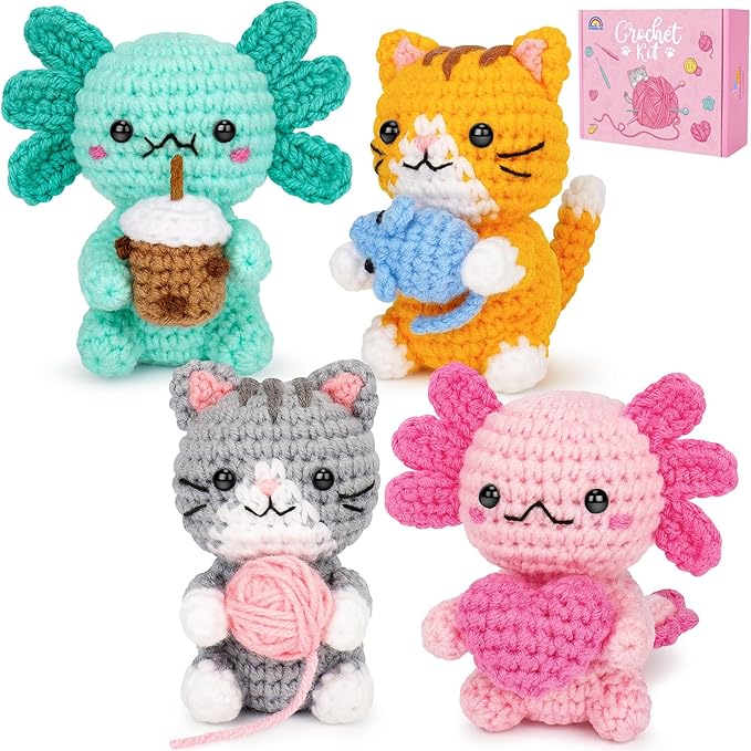 Fortuning's JDS Crochet Kit for Beginners, Axolotls & Cat Crochet Kit for Adults Beginner, Complete Crochet Animals Starter Kit with Step-by-Step Video Tutorials, Easy Knitting Kit Cat Crafts Gifts