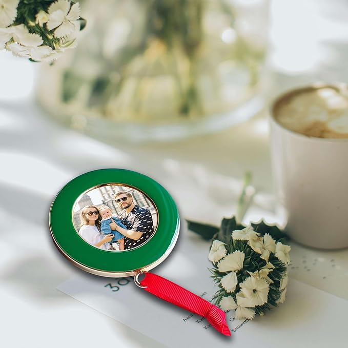 Christmas Picture Frame Ornaments - Set of 4 Green 2.5x2.5 Inch Mini Frames with Red Ribbon, Metal Photo Frames for Christmas Tree Decorations, Holiday Gift for Family & Friends