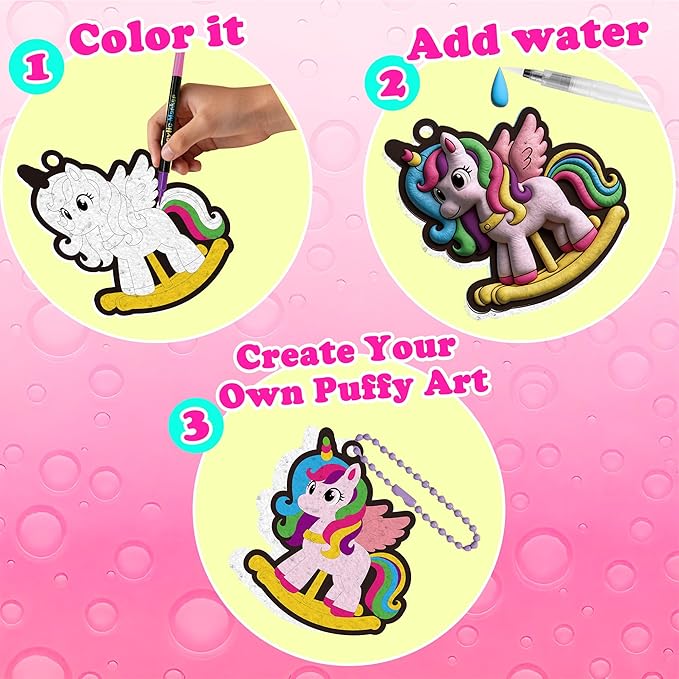 Magic Foam Painting Kit for Kids - Unicorn 3D Puffy Art Craft with 24 Ball chains, Mess-Free Puffy Textured Paint, Creative DIY Activity for Girls & Boys Ages 4-8, Birthday & Christmas Gifts
