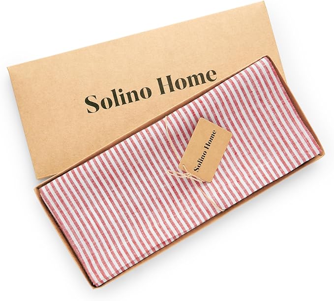 Solino Home Linen Table Runner 90 Inches Long - Narrow Stripe, 100% Pure Linen Red and White Farmhouse Table Runner 14 x 90 Inch for Dining, Valentines, Winter, Spring, Easter