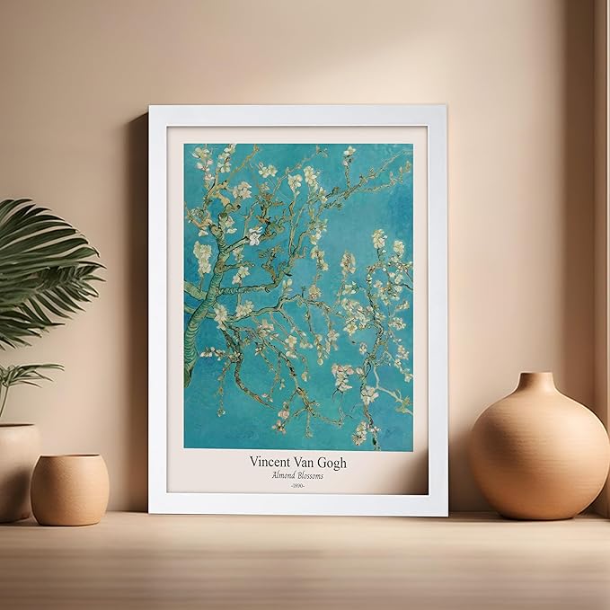 Monem Art Vintage Van Gogh Poster - Retro Almond Blossoms Print - Impressionism Art - Fine Art - Classic Painting Art - Flower Art - Floral Bedroom or Office Wall Decor - 16x20 White Framed