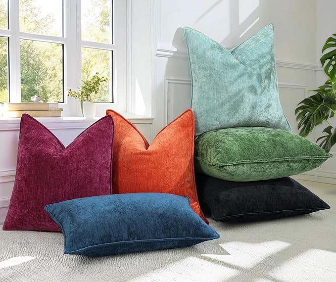 decorUhome Spring Couch Throw Pillow Covers 18x18 Set of 2, Decorative Soft Velvet Neutral Chenille Pillow Covers with Elegant Design for Sofa Bed Living Room Home Decor, Black