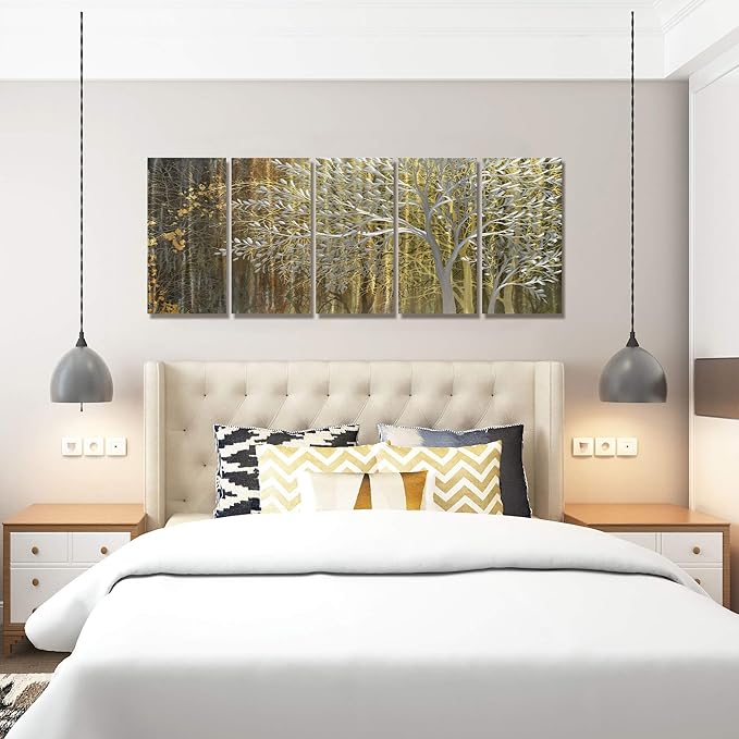 BATRENDY ARTS Large Metallic Tree Wall Art Handcrafted Silver Hanging Designs Multi-panel Indoor and Outdoor Decorative Painting 32Wx64L