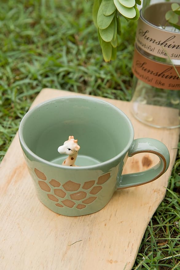 DIHOclub Giraffe Coffee Cup Ceramic 3D Wild Animal Inside Mug,Cute Cartoon Handmade Figurine Mugs,Holiday and Birthday Gift for Coffee Milk Tea Lovers,12 OZ(Green Giraffe)