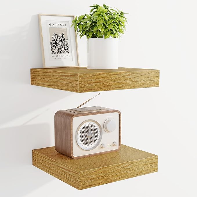 Marsmiles 6.7" Floating Shelves for Wall, Wooden Shelves with Invisible Brackets Set of 2, Rustic Farmhouse Wall Mounted Shelf for Kitchen Bathroom Living Room Study, Natural Oak