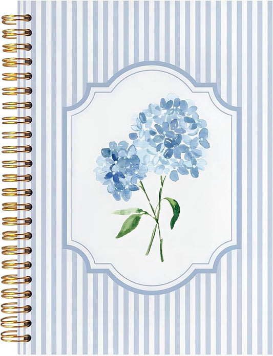 Blue Hydrangea Spiral Notebook Journal, Hydrangea Gifts, Cute Blue and White Stripes Girly Floral Journal Notebook Aesthetic Office Supplies, 5.5x8.3 Inch