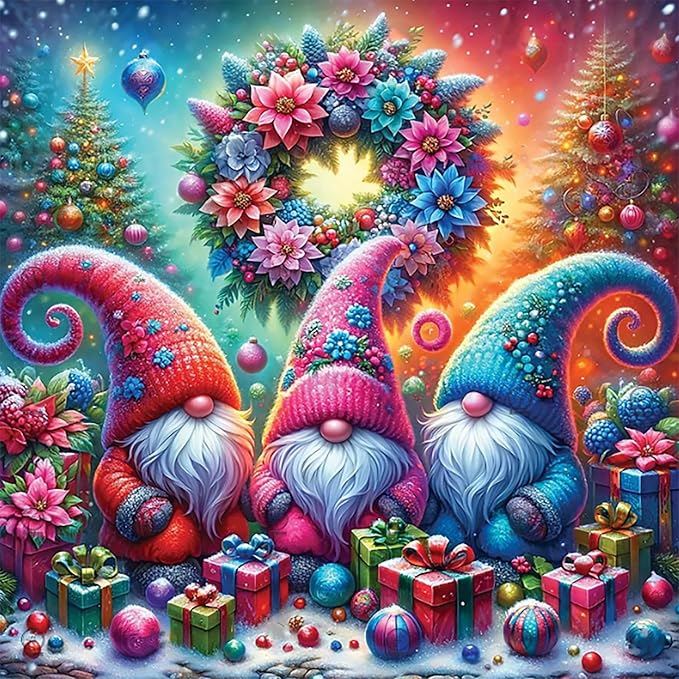 mrpwnle Christmas Gnome Diamond Art Kits for Adults, Christmas Diamond Painting for Kits Adults Beginners, 5D Round Full Drill Winter Gem Art Kit, Home Wall Decor Gifts 13.8x13.8inch
