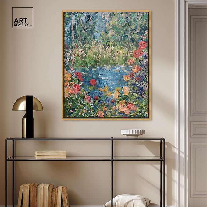 Art Remedy Serene Escape Framed Impressionism 1 Piece Canvas Wall Art/Monet And Van Gogh Inspired Art, 31.5" x 37.5", Gold Frame