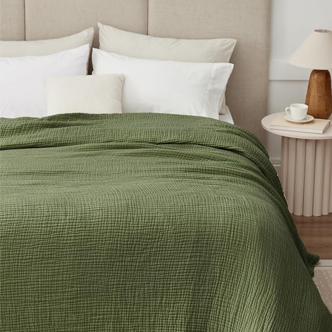 100% Cotton Muslin Blanket Large 50" x 70", Breathable and Lightweight Cotton Throw Blankets for Bed and Couch, Soft Cooling Summer Gauze Blanket for Adults All Season, Olive Green