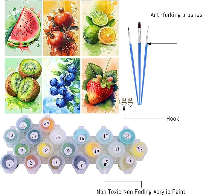 Clendo 6 Packs Paint by Numbers Kit for Adults Beginners, DIY Fruit Easy Adult's Paint by Numbers on Canvas, Acrylic Watercolor Number Artist Paint by Number Kit for Wall Decor(8x12 in)
