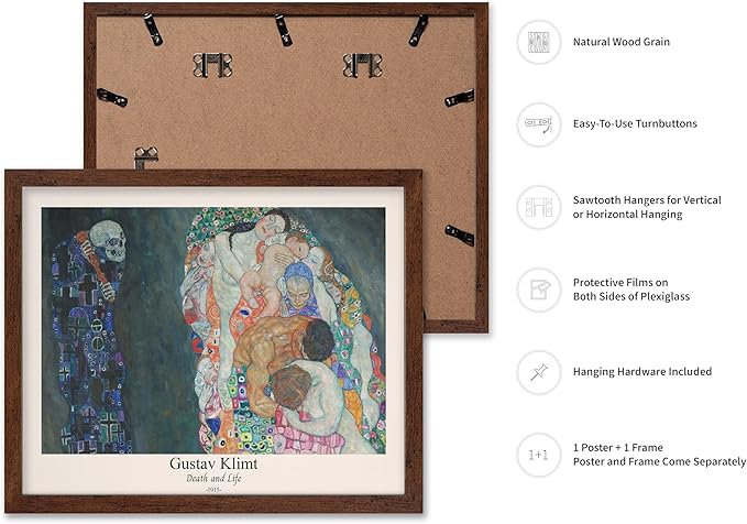 Poster Master Vintage Gustav Klimt Poster - Retro Death and Life Print - Art Nouveau - Symbolism Art - Abstract Art - Aesthetic Art - Classic Painting - Living Room Decor - 16x20 Brown Framed