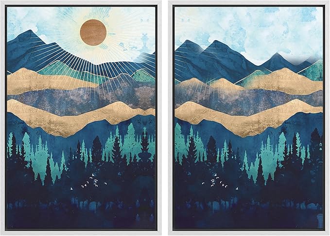 SIGNWIN Framed Canvas Print Wall Art Set Gold Blue Geometric Mountain Forest Landscape Nature Wilderness Illustrations Modern Art Scenic Colorful for Living Room, Bedroom, Office - 24"x36"x2 White