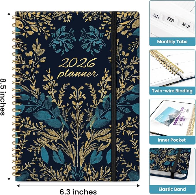 2026 Planner, Monthly and Weekly Calendar Planner for Women, Jan 2026 - Dec 2026, Hardcover Pretty 2026 Agenda Planner Book with Tabs, Spiral Bound, Perfect for School Office Home Supplies, 6.3" x 8.5" - Golden Elegance