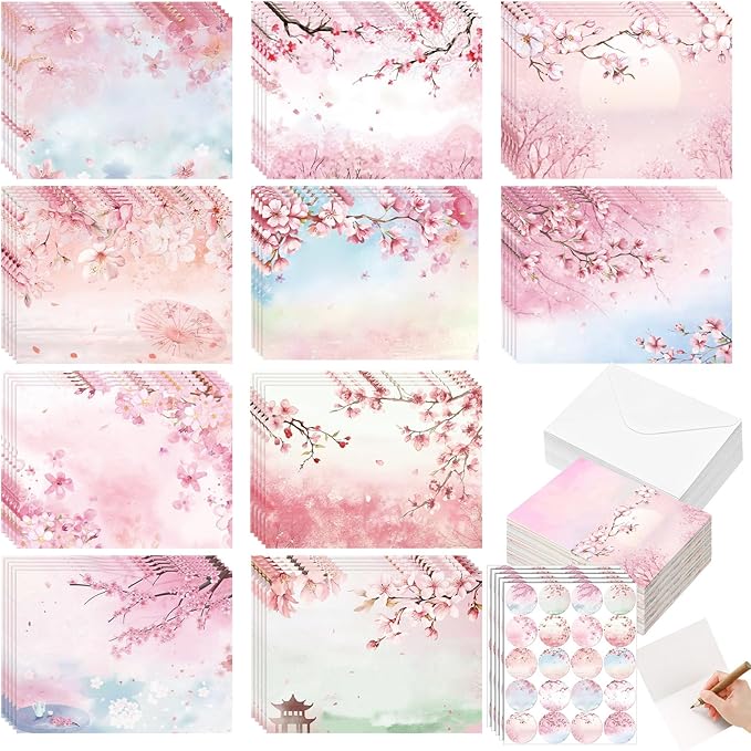 100 Pcs Cherry Blossoms Design Blank Greeting Cards 4x6, Blank Cards, 10 Designs, Great Stationary Set for All Occasions with Matching White Envelopes and Stickers