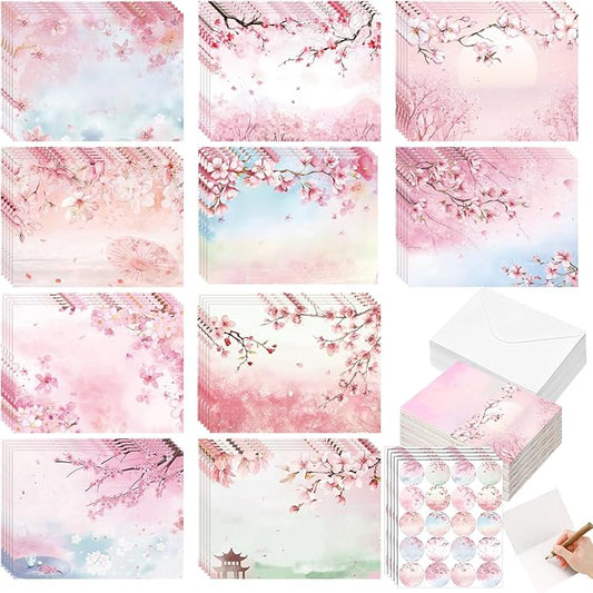 100 Pcs Cherry Blossoms Design Blank Greeting Cards 4x6, Blank Cards, 10 Designs, Great Stationary Set for All Occasions with Matching White Envelopes and Stickers